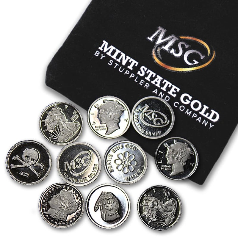 MINT STATE GOLD Ten (10) One Gram .999 Fine Silver Rounds with Random Design in Jewelry Bag by Mint State Gold - Image 1